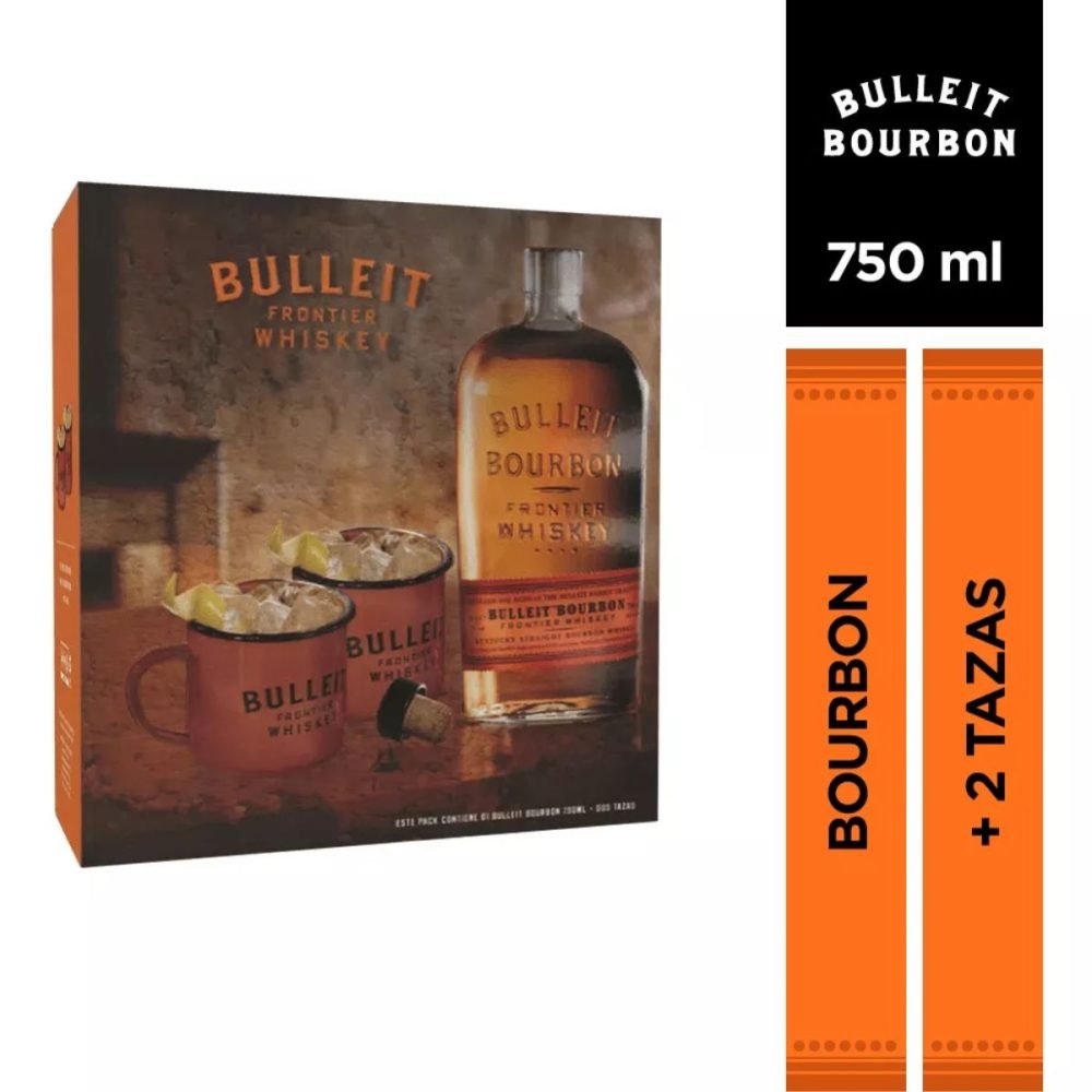 Whiskey Bulleit Bourbon 750ml Pack 1 Botella+2 Tazas De Loza